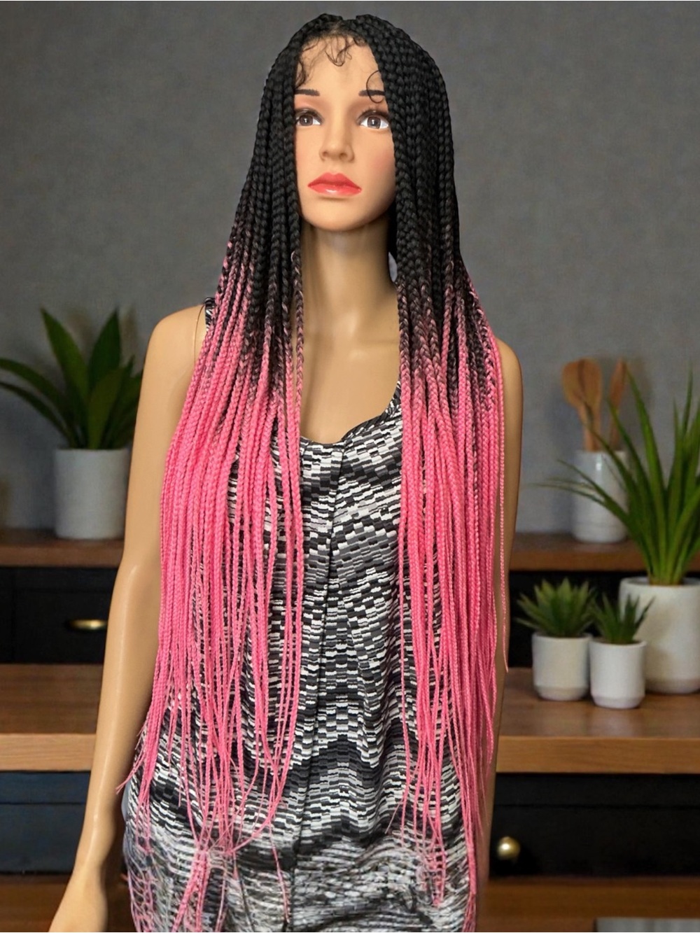 Long Ombre Box Braids Wig - Black to Pink